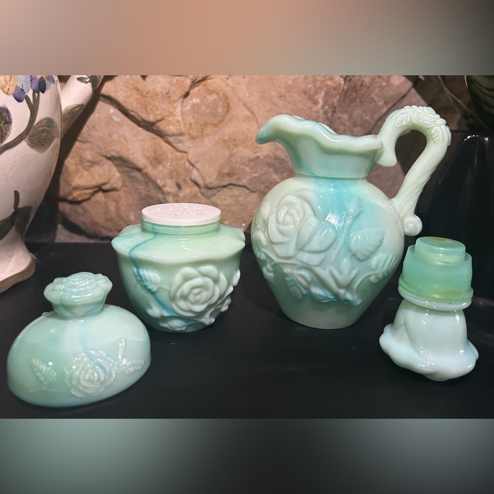 Vintage Avon Jadeite Moonwind Bubble Bath Bottle and Powder Sachet Container Set - Picture 6 of 6